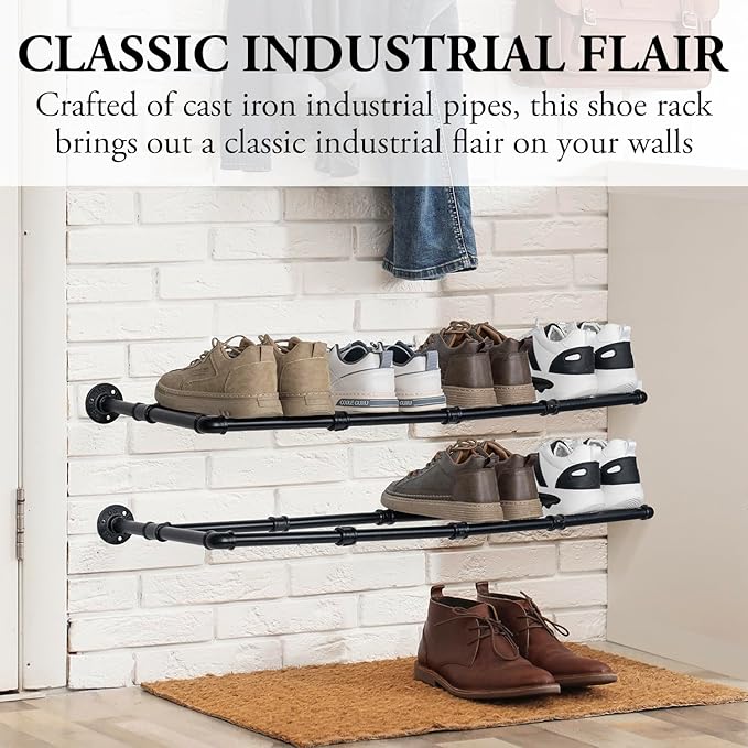 MyGift Industrial Matte Black Metal Pipe Hanging Shoe and Boot Rack Organizer Shelf, Wall Mounted Space Saving Footwear Storage Shelves for Closet, Mudroom, Entryway, Set of 2, Holds 8 Pairs