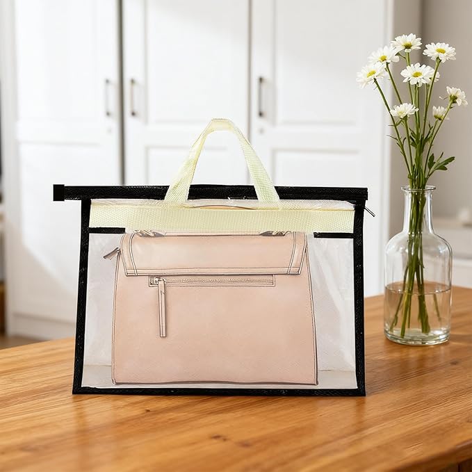 8 Pack Dust Bags for Handbags, Purse Storage Organizer for Closet, Clear Handbag Storage Organizer, Hanging Dust Cover Bag with Zipper and Handle with 8 S-Hooks(4 Assorted Sizes, Beige)