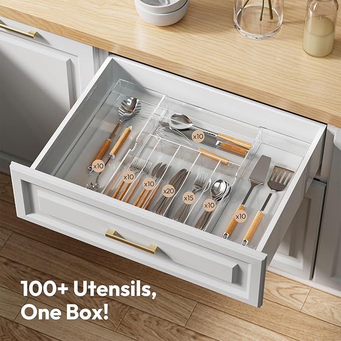 NIUBEE Expandable Kitchen Drawer Organizer for Flatware and Utensils,Clear Acrylic Adjustable Silverware Tray for Drawer,Office,Bathroom Supplies-9 Compartments