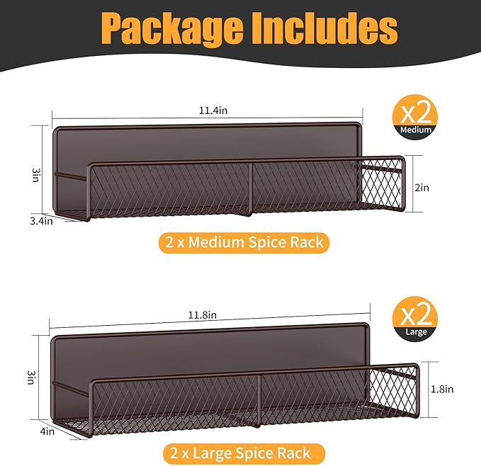 DTUQYX Magnetic Spice Rack for Refrigerator, 4 Pack 100% Metal Strong Magnet Fridge Shelves, Space Saving Spice Organizer, No Drilling Moveable Home Kitchen Laundry Room Storage Organization, Brown