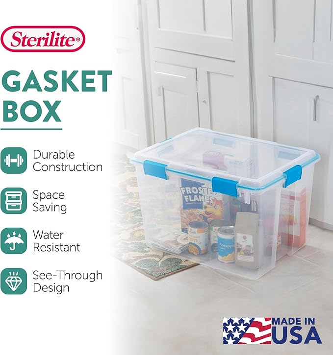 Sterilite 4-Pack Gasket Box, Weather-Resistant Storage Bins with Latching Lids, 80 Quart - Heavy-Duty Organizing Containers for Closet, Bathroom, and Office
