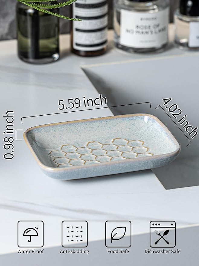 Gomakren Soap Dish for Shower, Ceramic Bar Soap Holder with Honeycomb Design, Soap Saver Tray for Bathroom Kitchen Sink, Sponge & Organizer Tray, Upscale Look, 5.5 Inch, Gray