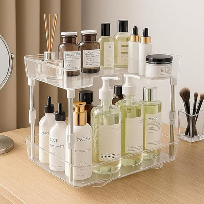 Acrylic Makeup Organizer, 2-Tier Large Capacity Cosmetic Storage Rack with Clear Shelves, Perfume and Skincare Organizer for Bathroom Countertop, Vanity and Dressing Table