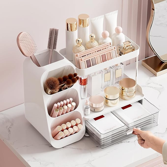 Makeup Organizer for Vanity with Brush Holder, 2 Tiers Countertop Skincare, Cologne Organizer and Perfume Stand for Bathroom Vanity, Large Capacity Makeup Storage, White
