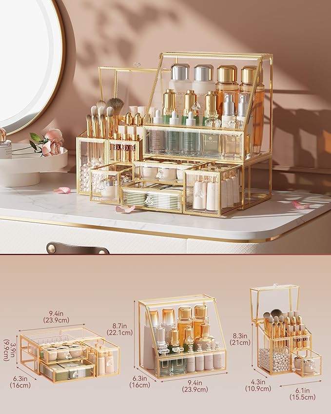 CoralHouse Clear Makeup Organizer with Gold Frame – Countertop Vanity Organizer for Skincare, Lipsticks, Perfume & Brushes – Bathroom Cosmetic Storage Display Box