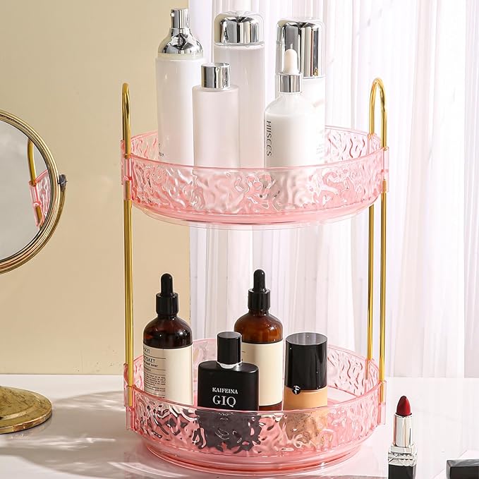 Fangoo Rotating Makeup Organizer for Vanity, 360 Spinning Cosmetic Storage, Perfume Holder for Bathroom Countertop or Dresser (Pink, 3 Tiers)