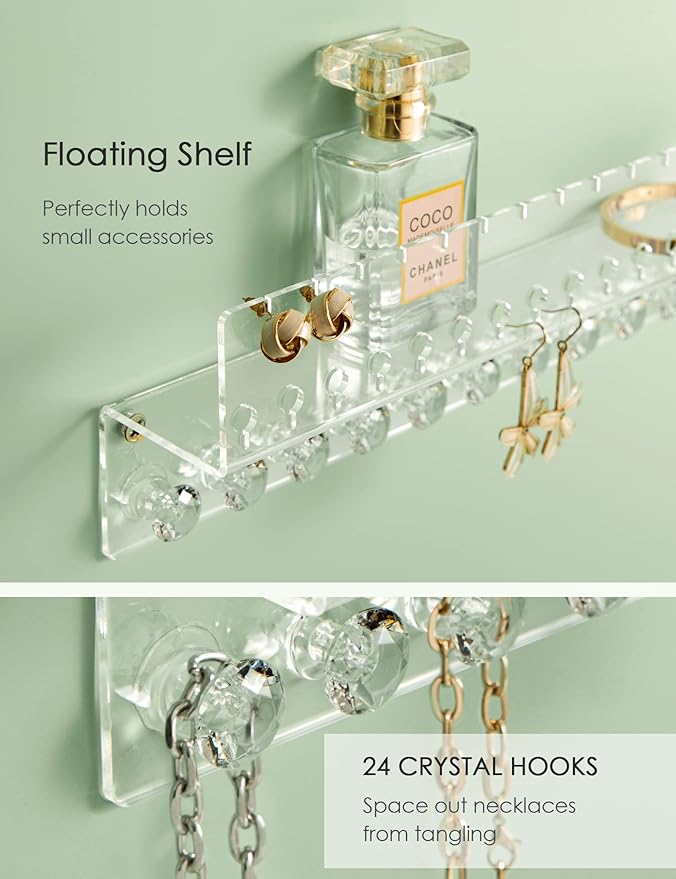 Acrylic Hanging Jewelry Organizer Wall Mounted Jewelry Holder with Floating Shelf, Necklace Holder Organizer and Stud Earring Organizer for Women Girls (2 Pack)