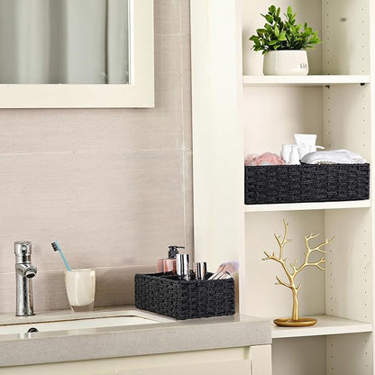 Vagusicc 2 Section Wicker Storage Basket, Black Wicker Baskets, Toilet Tank Basket, Small Baskets for Organizing Storage Shelves, 2-Pack