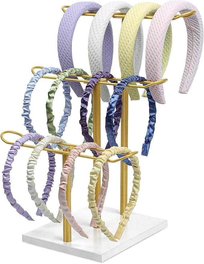 Headband Organizer Metal 3-Tier Hair Hoop Display Stand Headband Holder Organizer Storage Hair Ropes Accessories Bracelets Bangles Bedroom College Dorm Decor for Girls Women, Gold