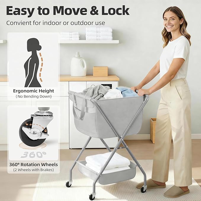 STORAGE MANIAC Collapsible Laundry Cart with Wheels 35.6"H Removable Canvas Bag Rolling Laundry Hamper Clothes Basket with Wheels, Sturdy Steel Frame Folding for Small Narrow Space Easy Storage, Grey