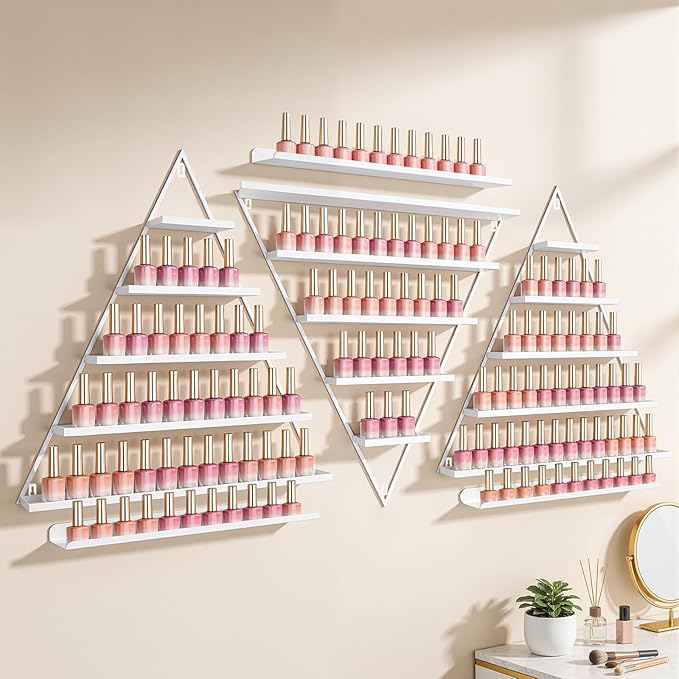 Elegant Gold Wall Mounted Nail Polish Rack - Set of 6 Triangular Cosmetic Display Shelves for Essential Oil Bottles, Organize Your Lipsticks and Perfumes in Style at Home or Salon (White)