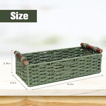 Round Paper Rope Storage Basket Wicker Baskets for Organizing with Handle Decorative Storage Bins for Countertop Toilet Paper Basket for Toilet Tank Top Small Baskets , Green