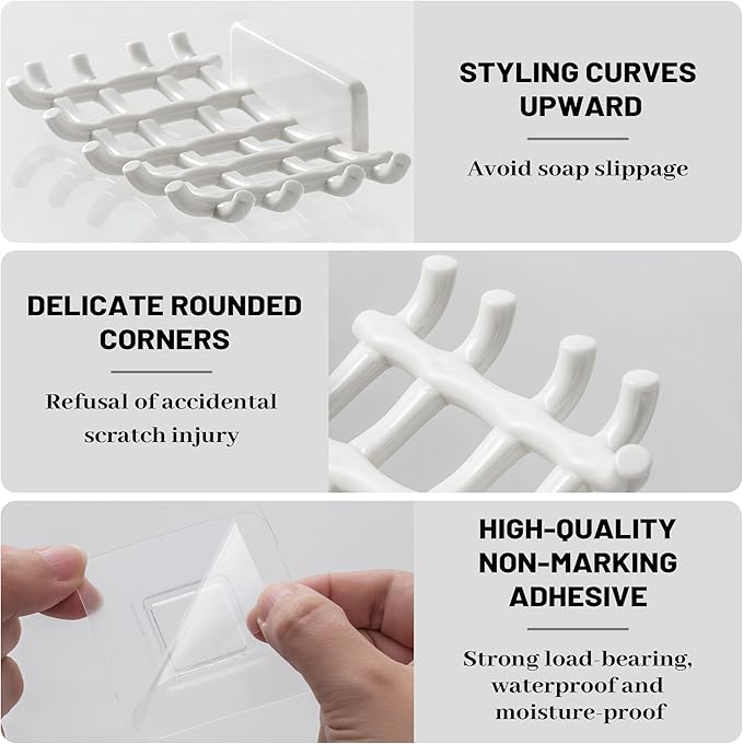 Shower Soap Holder for Wall, Adhesive Bar Soap Dish with Self Draining Grid, Side Hooks and No Drilling Mount, White, 2 Pack