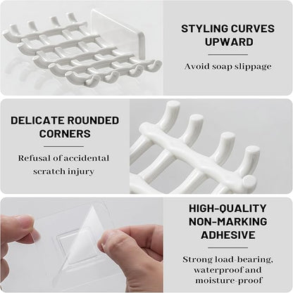 Shower Soap Holder for Wall, Adhesive Bar Soap Dish with Self Draining Grid, Side Hooks and No Drilling Mount, White, 4 Pack