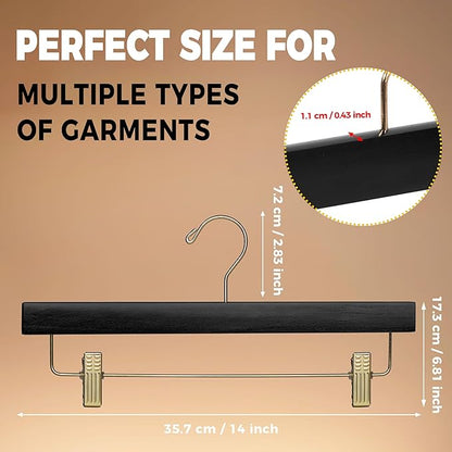 Quality Hangers Black Wooden Pants Hangers - 10-Pack Swivel Hook Cloth Hanger Set - Lotus Wood Skirt, Pant, Shorts and Slack Hangers with Adjustable Clip – Black Clothing Hanger (Gold Hook, 10)