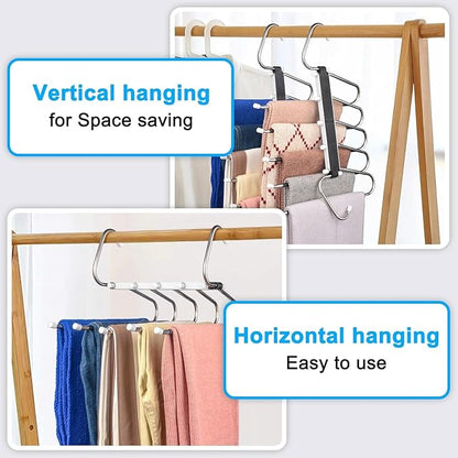 2 Pack Pants Hangers Space Saving Clothes Hangers 5 Layers, Non Slip Pant Hanger for Closet Organizers and Storage, Stainless Steel Jean Hangers Multifunctional Pant Rack for Trouser, Scarf, Skirt