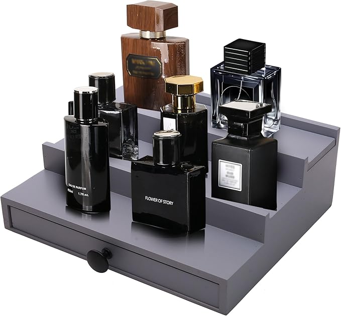 3 Tier Cologne Organizer for Men - Wooden Cologne Perfume Display Stand with Drawer and Hidden Compartment, Mens Cologne Rack Holder Shelf for Organizing and Storing