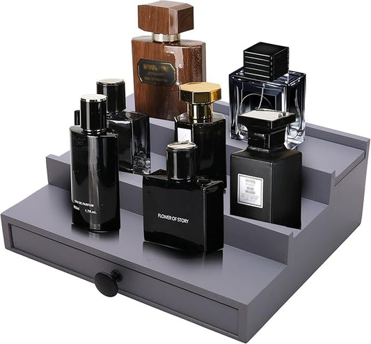 3 Tier Cologne Organizer for Men - Wooden Cologne Perfume Display Stand with Drawer and Hidden Compartment, Mens Cologne Rack Holder Shelf for Organizing and Storing