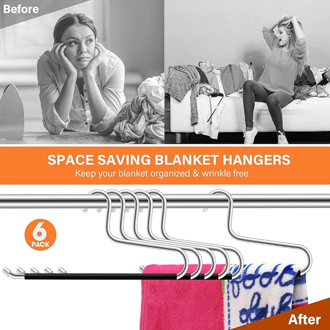 6 Pack Blanket Hanger,Non Slip Hangers Space Saving Stainless Steel Heavy Duty Hangers,Upgraded Closet Organizers and Storage Pants Hanger for Table Cloths,Comforters,Bath Towels,Rugs Sleeping Bags