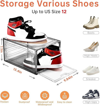 INSTY 12 Pack Gray Transparent Shoe Storage Organizer, Stackable Shoe Boxes for Closet, Drop Front Plastic Shoe Box with Grey Door, Easy to Assemble, Fit up US Size 12(13.4”x 9.8”x 7.1”)