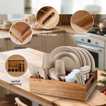 Acacia Wood Utensil Holder for Party, Paper Plate Organizer Silverware Caddy with 6 Compartments for Plate, Cup, Fork, Spoon, Cutlery Holder Countertop for Kitchen Camping Buffet