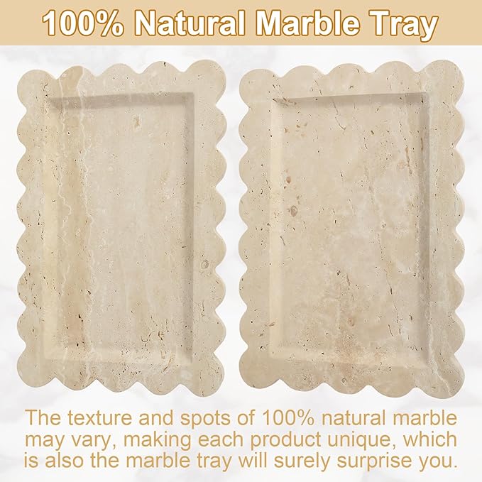 100% Natural Marble Vanity Tray - Real Stone Storage Organizer for Bathroom/Kitchen/Vanity/Dresser, Countertop Tray for Perfume, Jewelry, Home Decor, 11.8 x 7.8 x 0.7 Inch