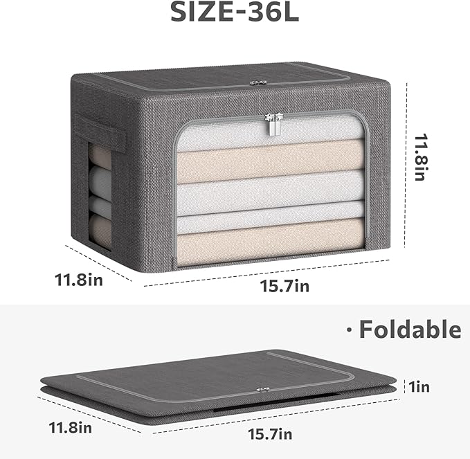 CYhom Clothes Storage Bins Box - Linen Fabric Foldable Stackable Container Organizer Set with Clear Window & Carry Handles & Metal Frame (Dark Gray, Medium-36L)