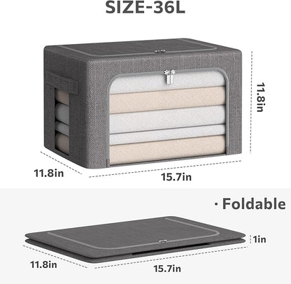 CYhom Clothes Storage Bins Box - Linen Fabric Foldable Stackable Container Organizer Set with Clear Window & Carry Handles & Metal Frame (Dark Gray, Medium-36L)