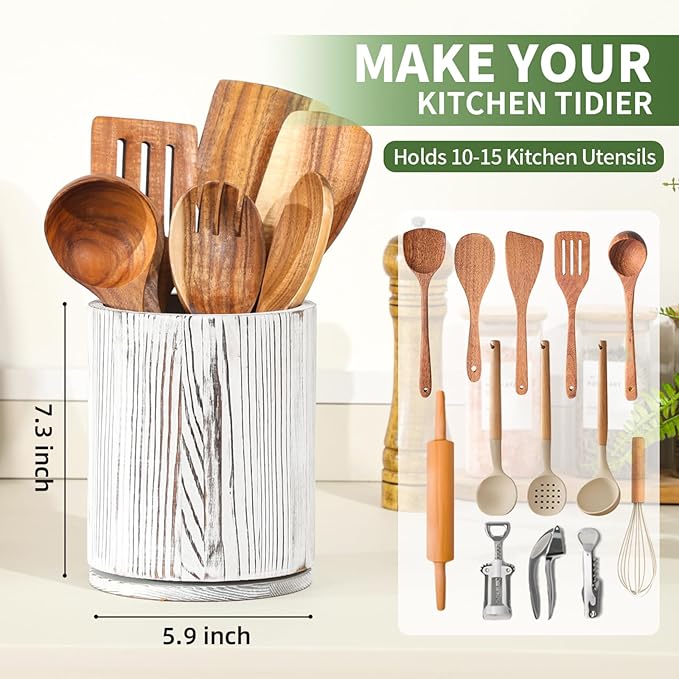 Wooden Utensil Holder, 360°Rotating 7.3'' Large Utensil Holder for Kitchen Counter, Kitchen Utensil Organizer, Utensil Crock, Farmhouse Kitchens Countertop Decor, Distressed White