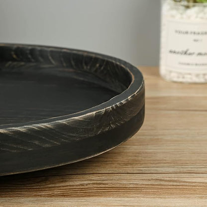 13.38 Inch Rustic Round Wood Lazy Susan for Table Top - Wooden Turntable Serving Tray Distressed Farmhouse Turntable Tray, Cabinet Organizer(Black)