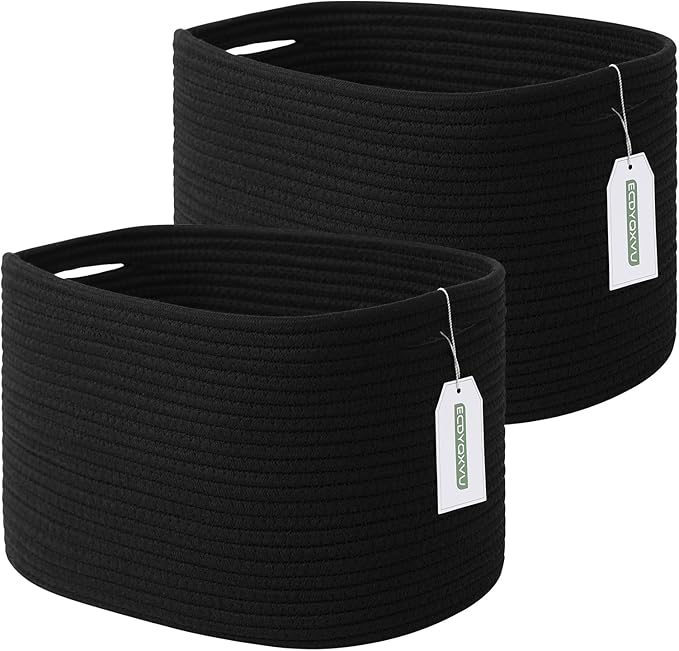 ECDYQXVU Cotton Rope Storage Basket, 15x10x9 Inches, Woven Basket for Shelves, Clothes, Towels, Books, and Laundry, Black (2 Pack)