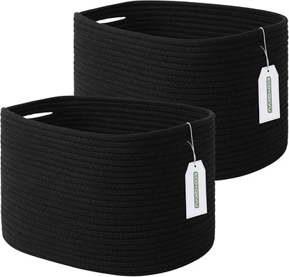 ECDYQXVU Cotton Rope Storage Basket, 15x10x9 Inches, Woven Basket for Shelves, Clothes, Towels, Books, and Laundry, Black (2 Pack)