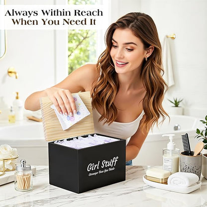 Luxspire Tampon Holder for Bathroom - Discreet Feminine Product Organizer with Lid & Wood Pad, Shark Week Tampon Storage Box, Stylish Girl Stuff Organizer for Bathroom, Black