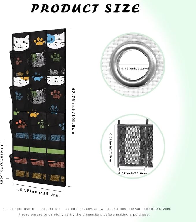 Cats Over the Door Organizer with 12 Mesh Pockets - Breathable Design for Bath Towels, Toiletries, Makeup (Waterproof Lining)