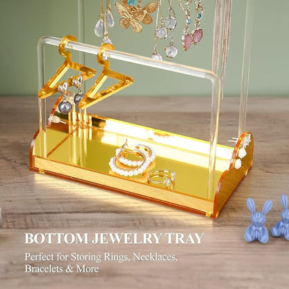 NiHome Acrylic Earring Holder with Unique Double-Tiered Design, Cute Miniature Clothing Hangers with Spacious Storage for 48 Pairs, Display for Home Vanity & Retail Showrooms(Gold, With Tray)