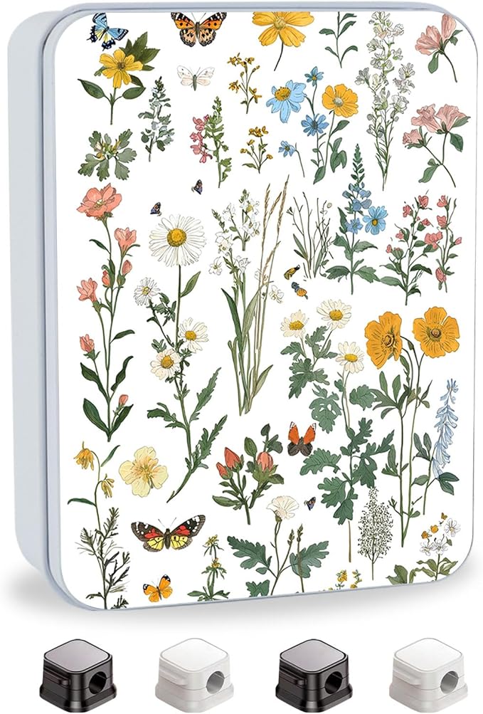 Metal Tin Box with Lid for Game Cards Home Organizer Candles Keys Crafts Storage - Equipped with 4 Magnetic Cord Clips，Flowers and Butterflies