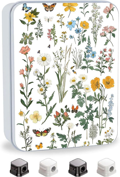 Metal Tin Box with Lid for Game Cards Home Organizer Candles Keys Crafts Storage - Equipped with 4 Magnetic Cord Clips，Flowers and Butterflies