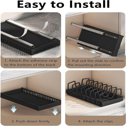 AmoiChic 2 Pack Pull Out Cabinet Organizer for Pots and Pans, Black Storage Rack with 8 Adjustable Dividers, Kitchen Cabinet Organizer for Pot Lids, Bakeware, Dishes Storage