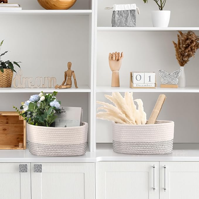 Sawysine 6 Pcs Storage Baskets Bulk for Organizing Cotton Rope Woven Basket with Handles for Gift Cloth Shelves Blanket Toys Living Room(White Grey)