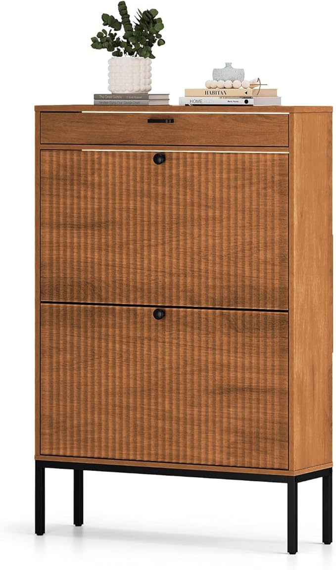 XIAO WEI Shoe Cabinet, Shoe Storage Organizer Cabinet with 2 Flip Wavy Line Drawers, Freestanding Shoe Rack with Adjustable Shelf for Entryway, (Walnut)