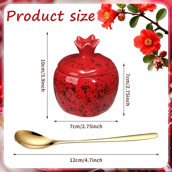 Honeydak 2 Pcs Rosh Hashanah Pomegranate Salt Bowl Set with Lid and Spoon Jewish New Year Pomegranate Salt Pepper Seasoning Jar 3.9 Inch for Jewish Kitchen Party Table Wedding Collectable Gift