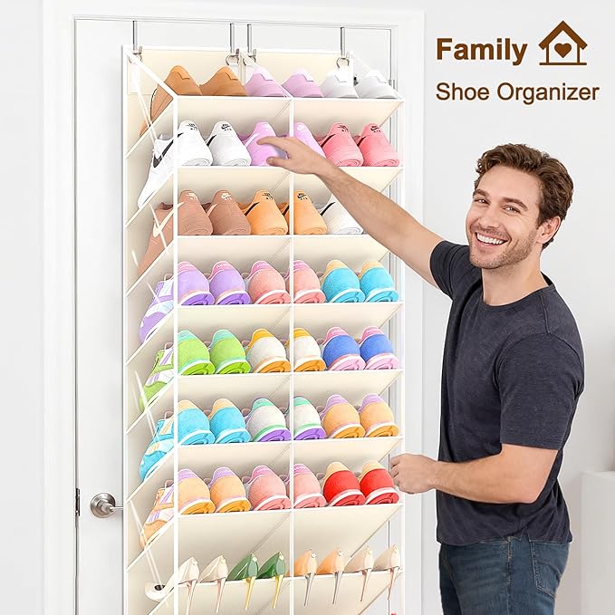 UVIAHOMI 20-30 Pairs Over the Door Shoe Organizer, Clear Pockets Hanging Shoe Storage for Closet, 10-Tier Door Shoes Rack, Handing Shoes Holder Fit All the Family's Sneakers, Boots, Heels, Beige