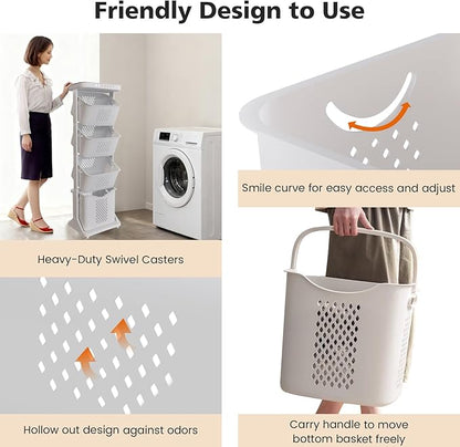 BAOKALER 4-Tier Laundry Hamper Sorter, Vertical Rolling Laundry Baskets with Wheels Removable, Stackable Laundry Cart Organizer and Storage for Small Space, Dorm, Closet, Bathroom