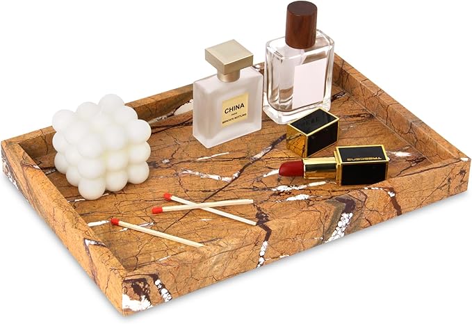 Marble Bathroom Vanity Tray, Natural Luxury Vanity Home Kitchen Bathroom Table Tray, Stone Decorative Countertop Dresser Trays for Key Coffee Perfume Jewelry Makeup (Rainforest Brown, 12"x 8" x1.2")