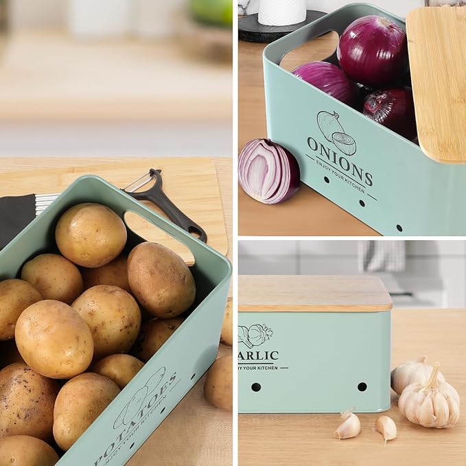 Kitchen Vegetable Storage Set of 3, Metal Onion Garlic Potato Storage Set, Kitchen Canisters Vegetable Keeper Containers with Aerating Holes and Wooden Lid (Sage Green)