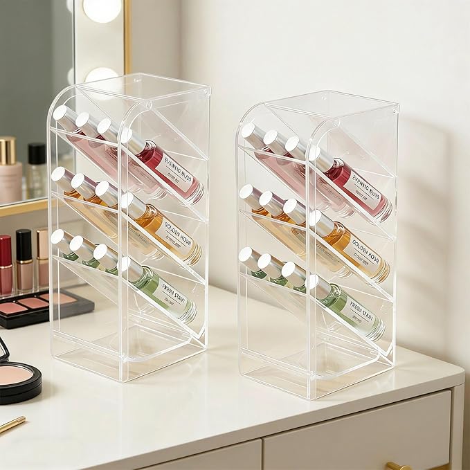 4-Tier Acrylic Rollerball Perfume Organizer, 2Pack 45° Slanted Perfume Holder, Transparent ScentBird & Travel Size Perfume Sample Storage Case(2pack)