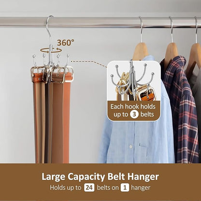 ZEDODIER 4 Pack Belt Organizer for Closet, Heavy-Duty Rotating Belt Hanger Rack Holds Multiple Belts, Hanging Space Saving Metal Belt Holder for Closet Storage, Silver