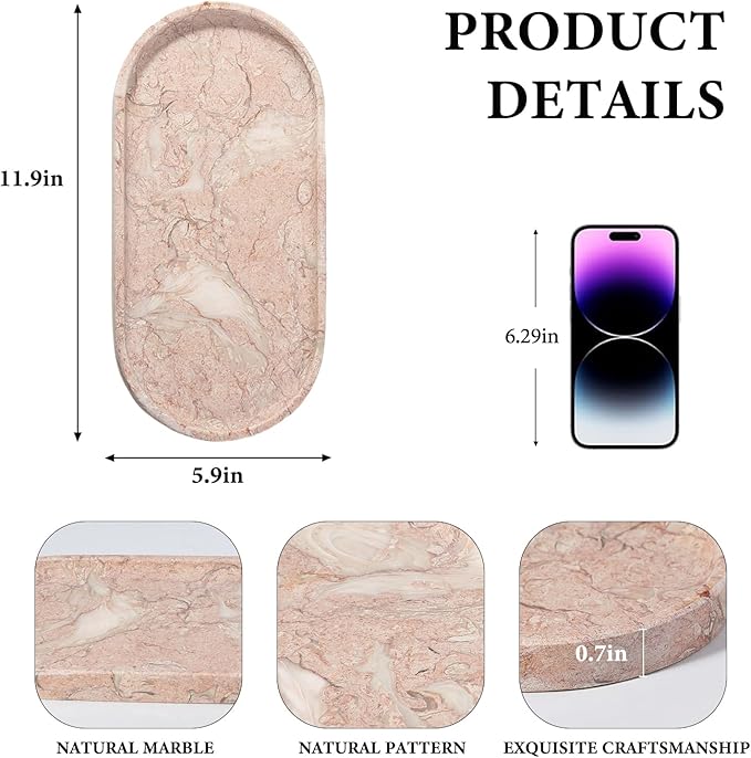 Koville Pink Marble Tray for Bathroom Countertop, Vanity Tray Stone Trays for Decor, Natural Marble Decorative Tray for Dresser Organizer, Storage Trays for Perfume, Jewelry, Cosmetics(Coquille Pink)
