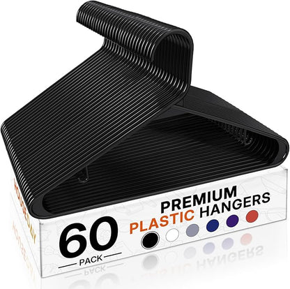 HOUSE DAY Black Plastic Hangers 60 Pack, Clothes Hangers with Non Slip Hooks, Durable & Space Saving Coat Hanger, Light-Weight Clothing Hanger, Perfect Closet Organizer for Everyday Use