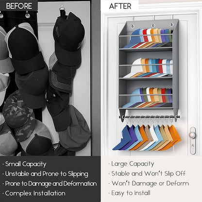 Homsorout Over the Door Hat Rack - 3-Layer Design Hat Organizer Holds 30-36 Hats with 10 Hooks, Ideal Hat Rack for Door, Over the Door Organizer for Closet, Apartment, Bedroom, Dorm, 2 Pack, Grey